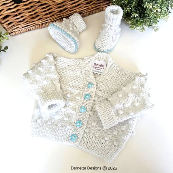 Hand Knitted  Baby Boy's Bobble Cardigan Set with Merino Wool 3-6 months 