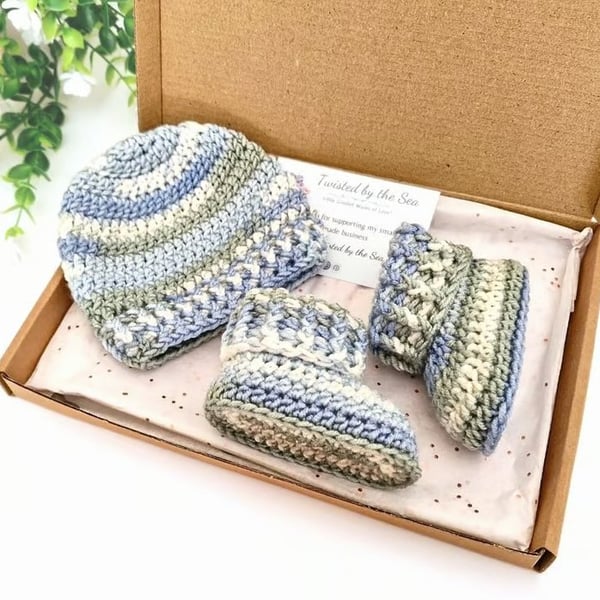 Crochet Baby Hat & Booties Set - Blue & Green Variegated Yarn
