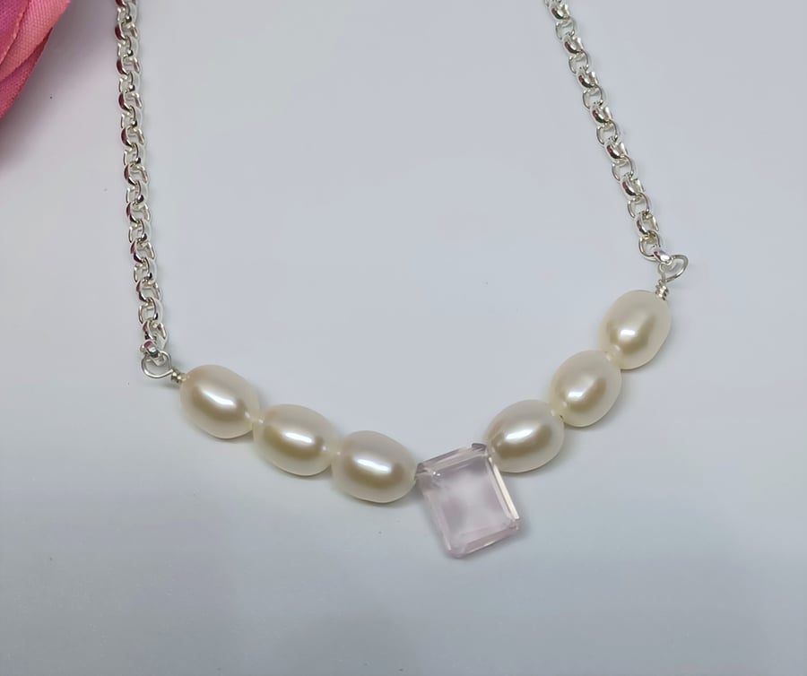 Rose Quartz and White Pearl Sterling Silver Necklace, Bride Jewellery, Bridesmai