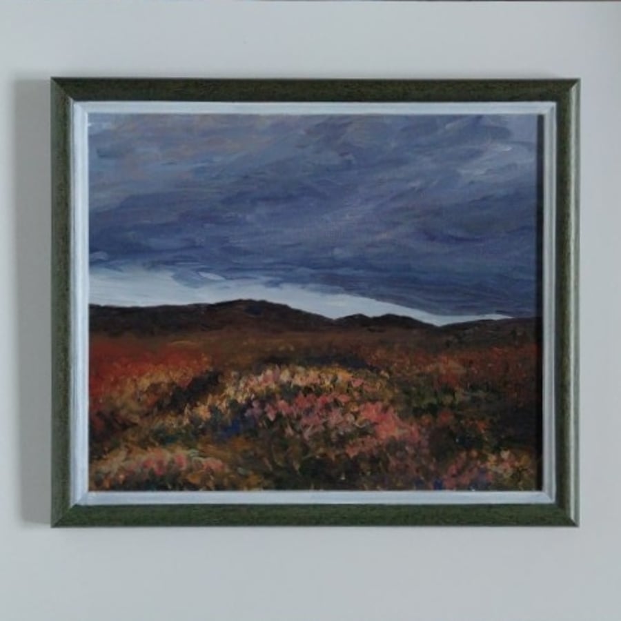 Moorland Picnic, rolling hills covered with heather, British landscape painting