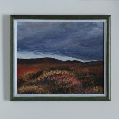 Moorland Picnic, rolling hills covered with heather, British landscape painting