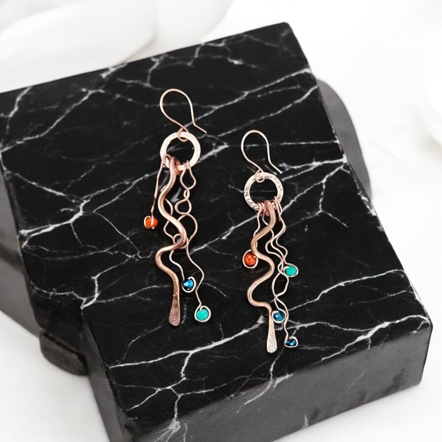 Squiggly Copper Crystal Earrings, Dangle, Vibrant - Gift Boxed