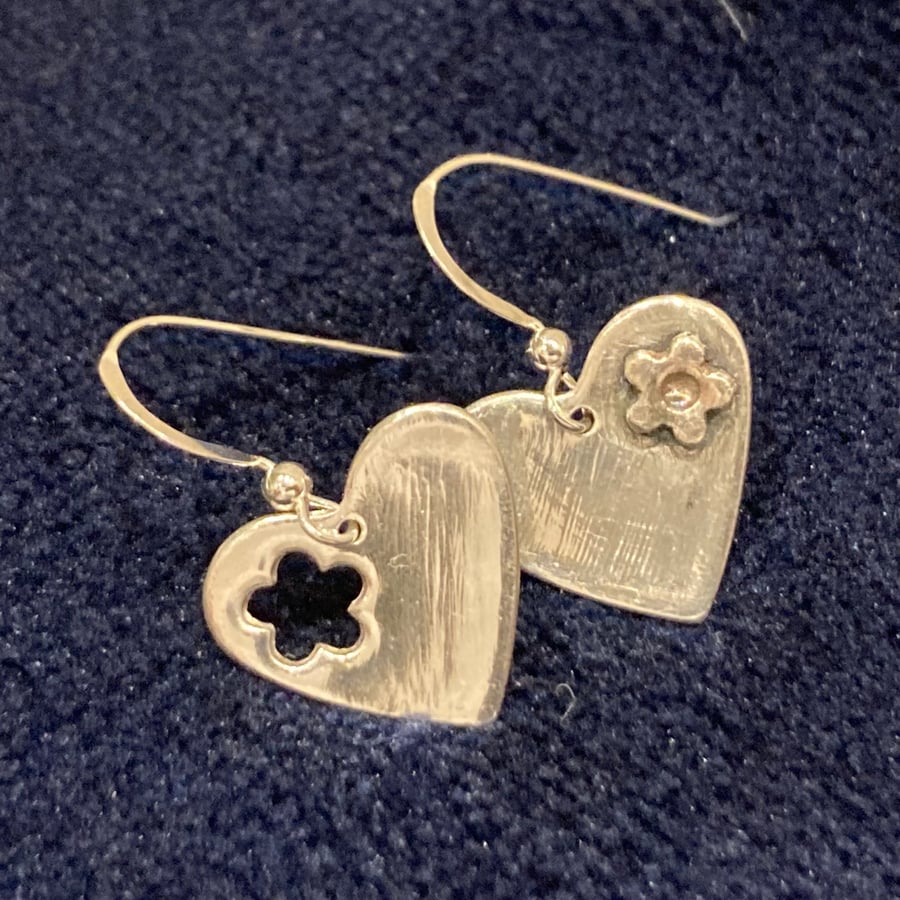 Handmade Fine Silver Heart Earrings with Forget-me-not detail