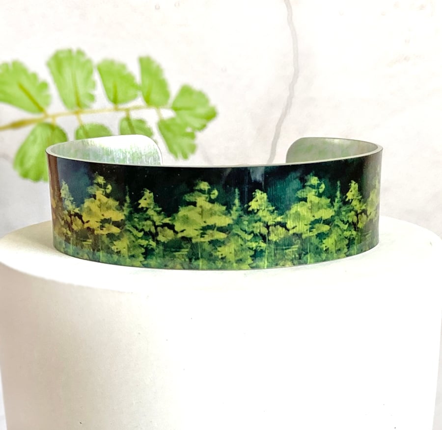 Green trees cuff bracelet, metal bangle with woodland, forest. (782)