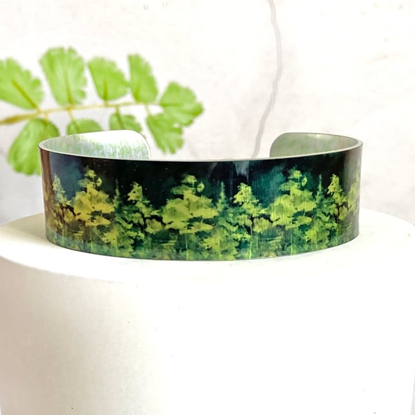 Green trees cuff bracelet, metal bangle with woodland, forest. (782)