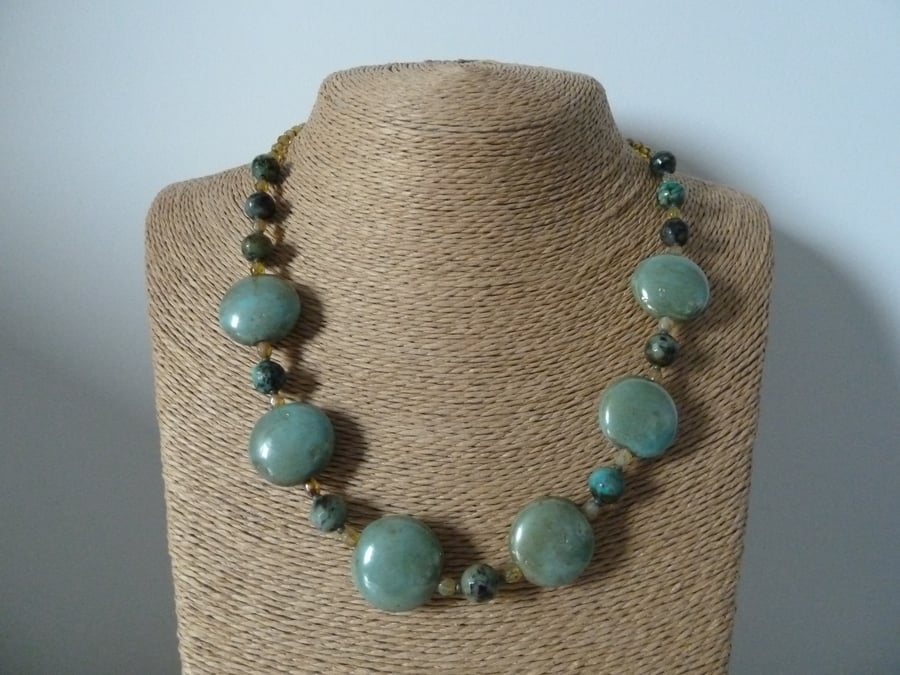 african turquoise and ceramic disc necklace
