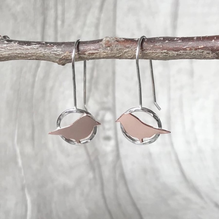 Copper bird on hammered silver circle earrings