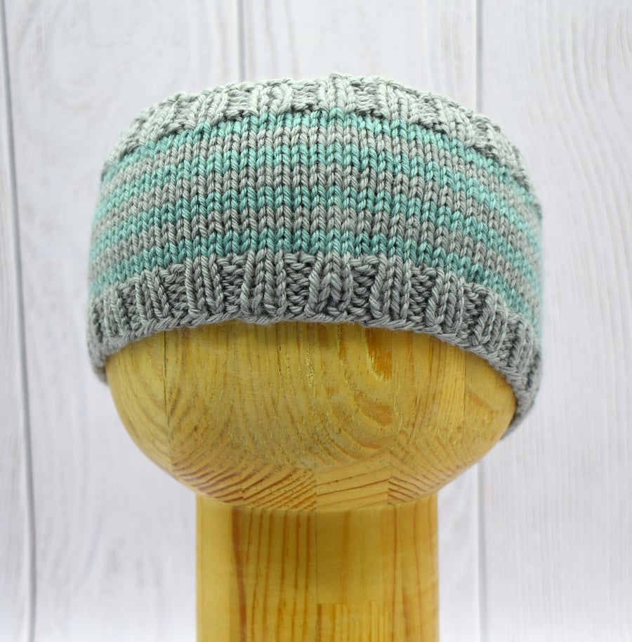 Hand Knitted Baby Headband – Grey & Teal – Cashmere and Merino – 6–12 Months