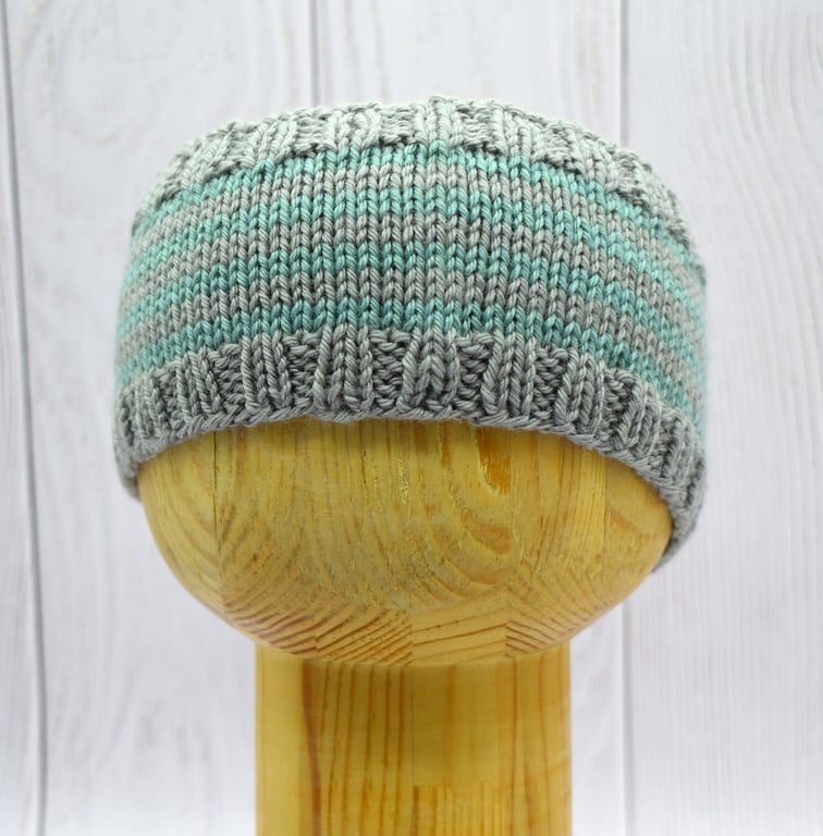 Hand Knitted Baby Headband – Grey & Teal – Cashmere and Merino – 6–12 Months