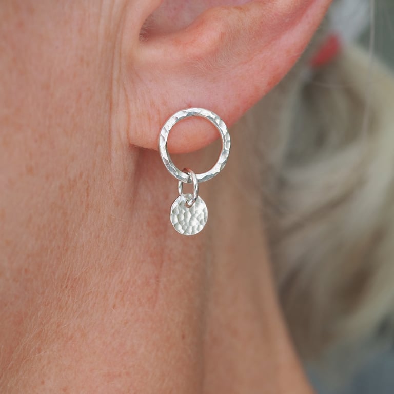 Silver disc hoop stud earrings.  Hammered, argentium, silver