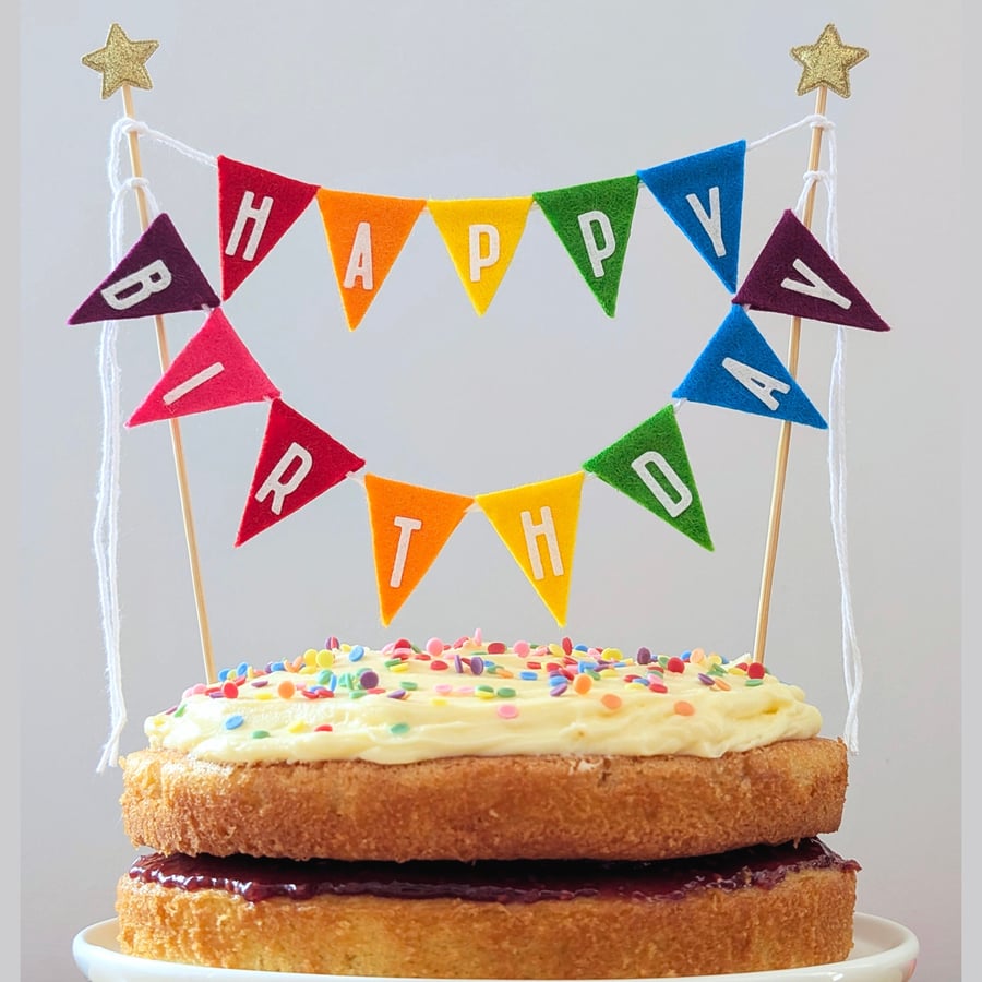 Felt Happy Birthday Cake Topper Triangle Bunting in Rainbow Colours