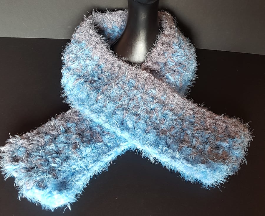 Light Blue and Grey Chunky Crochet Scarf