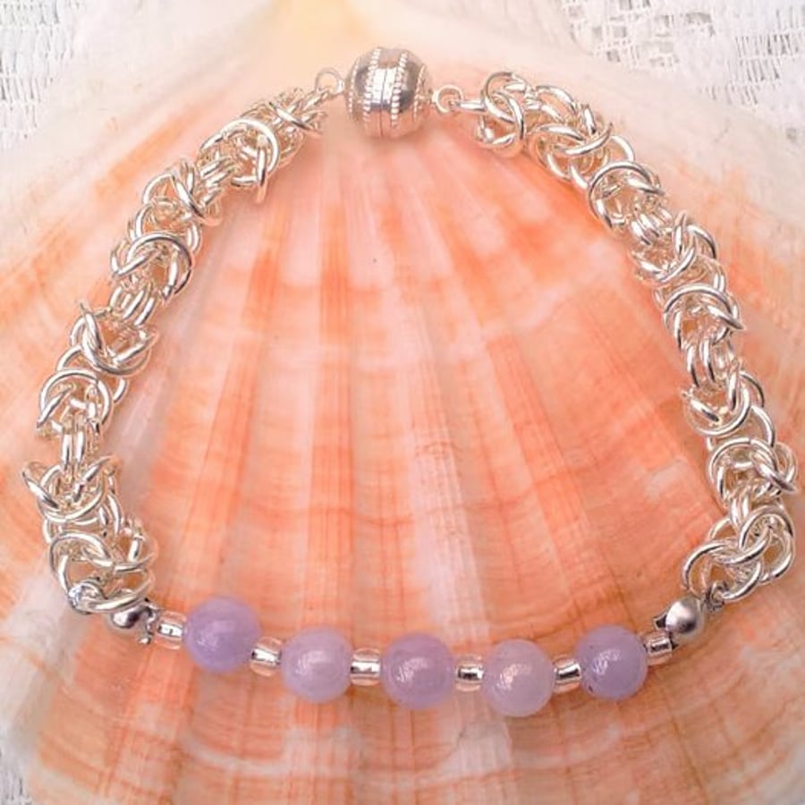 Silver Plated Byzantine Chain Maille Bracelet with Angelite Beads, Gift for Her