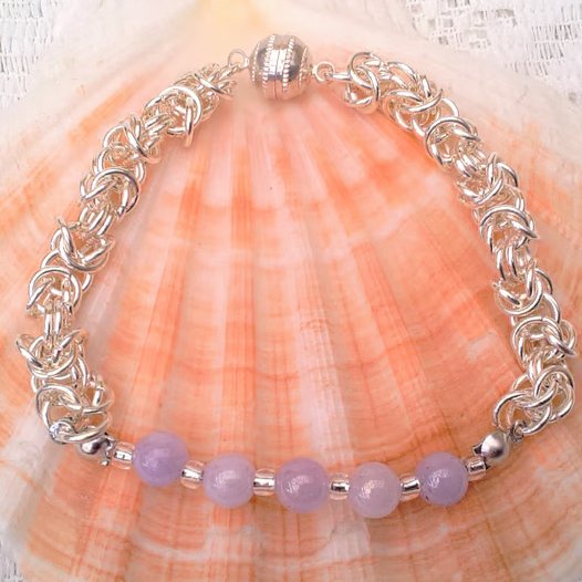 Silver Plated Byzantine Chain Maille Bracelet with Angelite Beads, Gift for Her