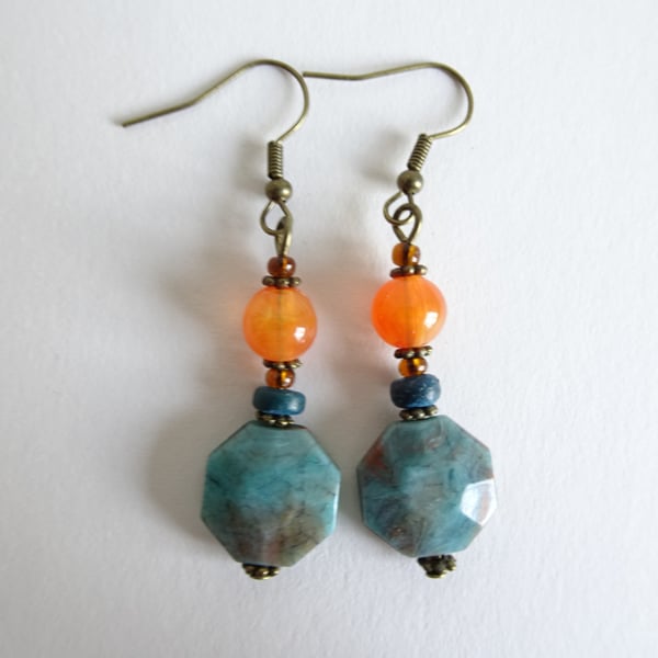 Octagon Turquoise Bead Earrings Orange, Brown Blue bead Bohemian Boho Style