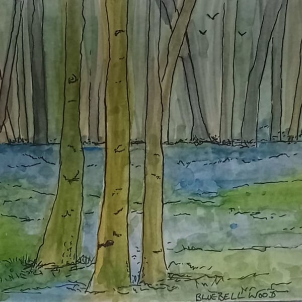 , BLUEBELL WOODLAND, Original watercolour and fine liner painting 