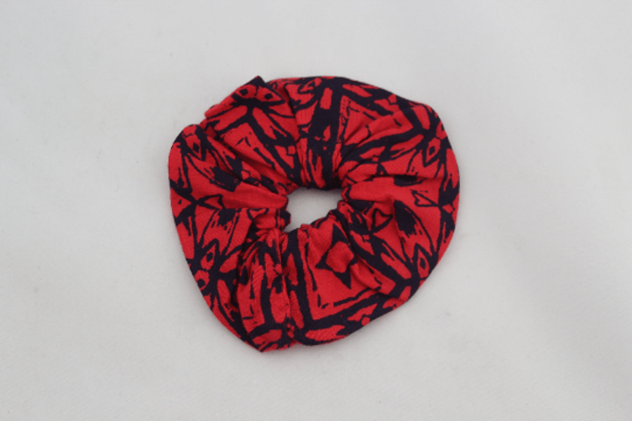 Elastic red and blue scrunchie geometric hand print,Eco hair accessory,gift