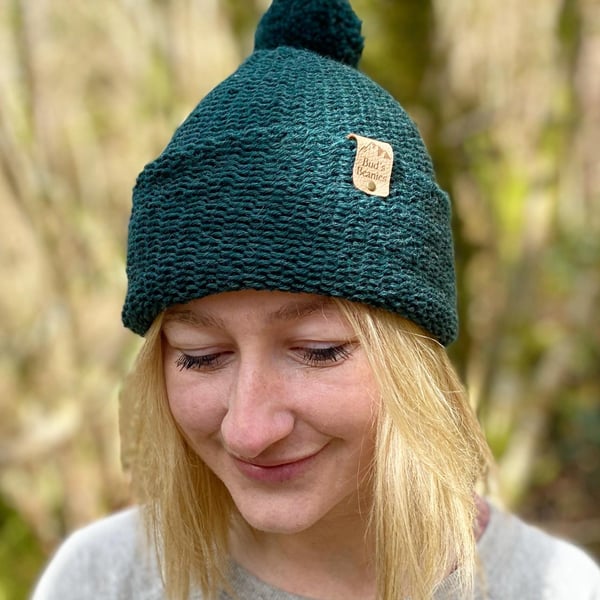 Bobble style beanie hat in 'Wintergreen' wool (unisex)