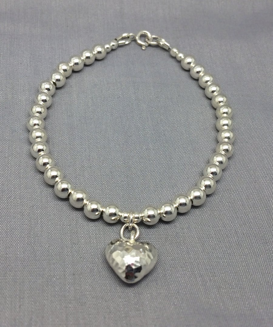 Sterling Silver Heart Charm Beaded Ball Bracelet
