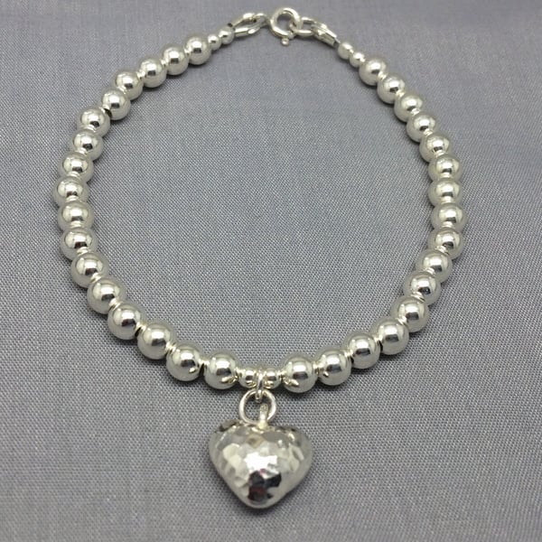 Sterling Silver Heart Charm Beaded Ball Bracelet