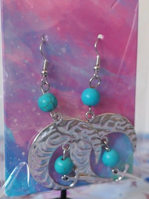 Large Turquoise Beaded Dangle Earrings with Moon Charms