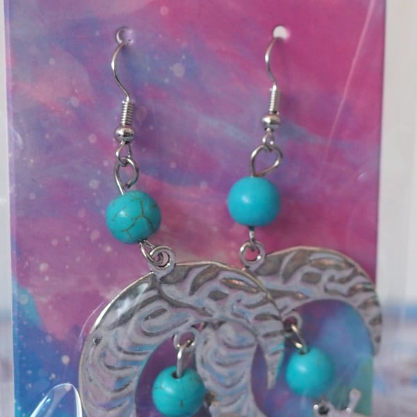 Large Turquoise Beaded Dangle Earrings with Moon Charms