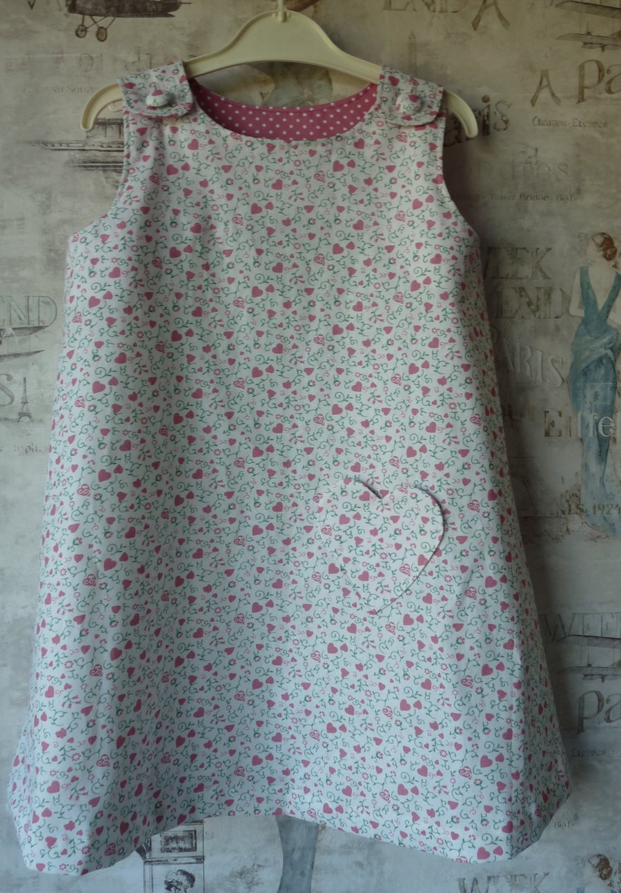 Cream Pinafore Dress with Pink Hearts - Age 4