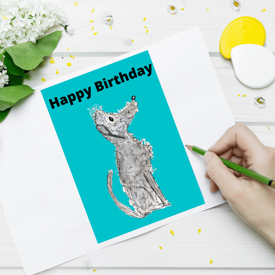 Greeting card, birthday card, Blue Bedlington Terrier dog - BTS