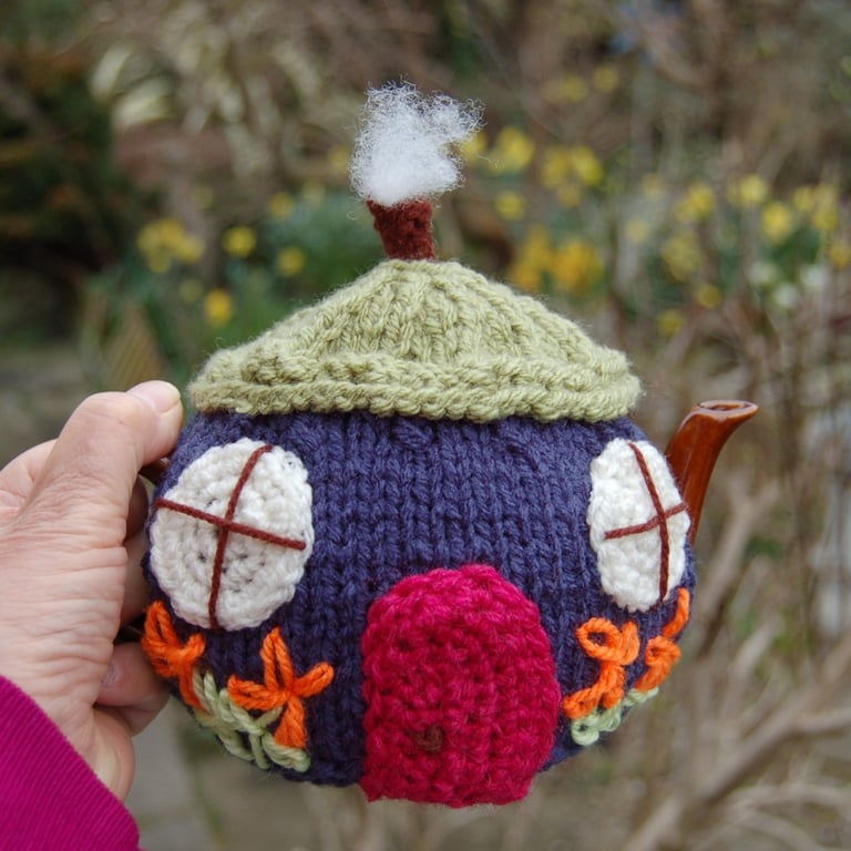 Country cottage tea cosy - hand embroidered, to fit a tea for one  teapot