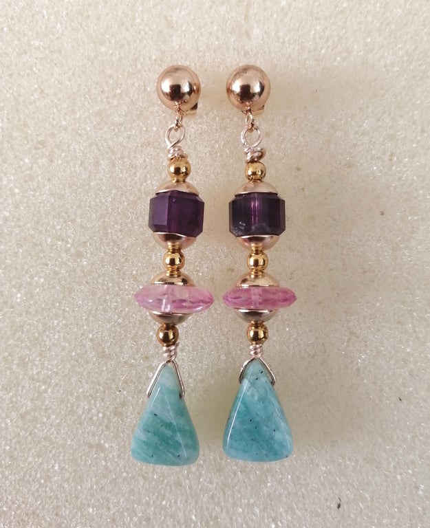 Satellite cut Amethyst, Pink Quartz and Amzonite beaded dangle earrings