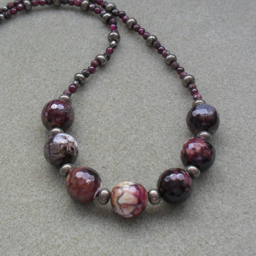 Agate Pyrite Marcasite and Garnet Beaded Necklace Vintage