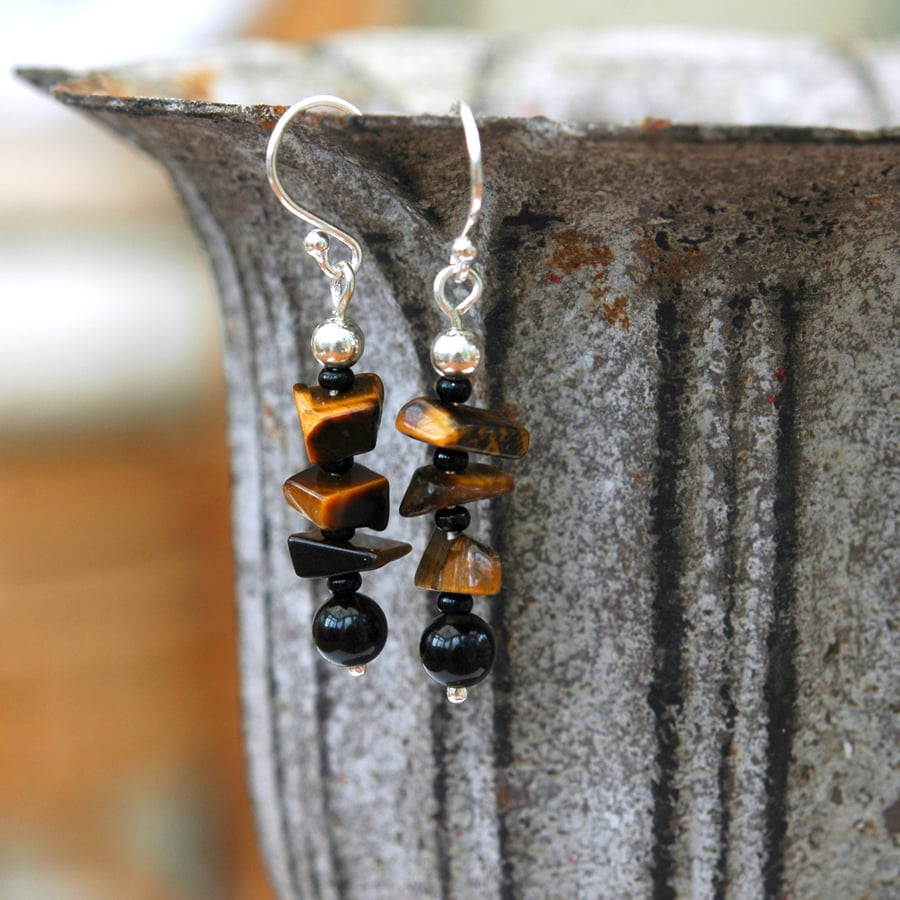 Sterling Silver Gemstone Drop Earrings with Tiger's Eye and Black Agate