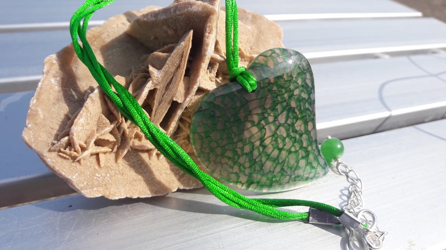 Green Poppy Agate Heart on Satin Cord Necklace