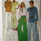 A vintage sewing pattern for a misses' pullover shirt and wide leg trousers