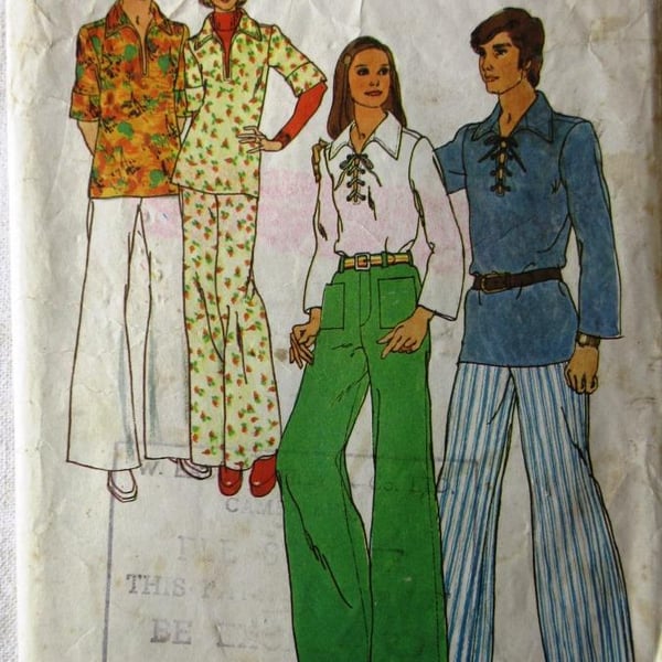 A vintage sewing pattern for a misses' pullover shirt and wide leg trousers