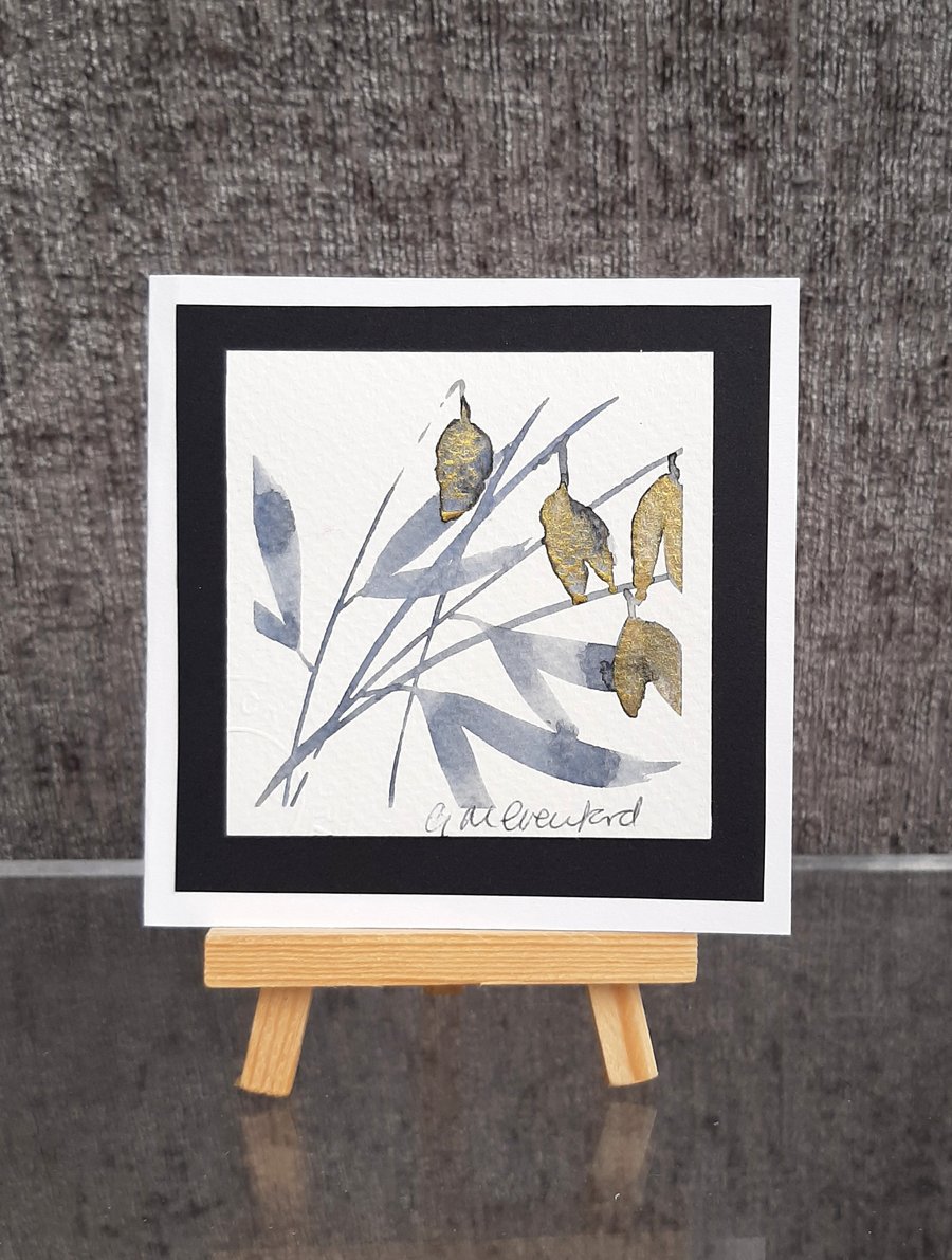 Mini Handpainted Blank Card. Seedheads in Monochrome and Gold Sparkle