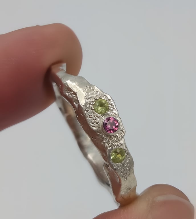 Hand-Forged Sterling Silver Signet Ring with Rhodolite Garnet & Peridot 