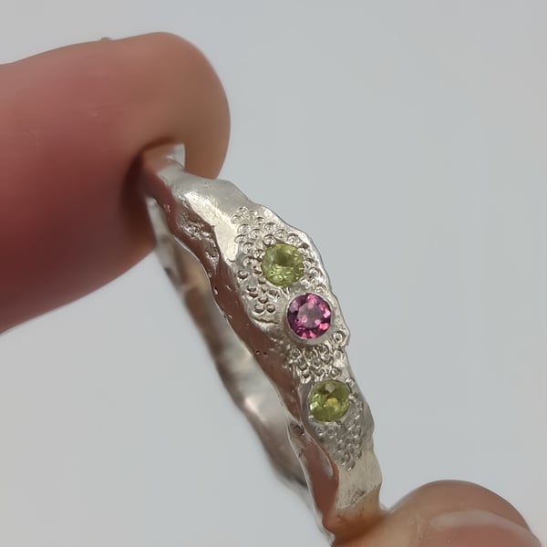 Hand-Forged Sterling Silver Signet Ring with Rhodolite Garnet & Peridot 