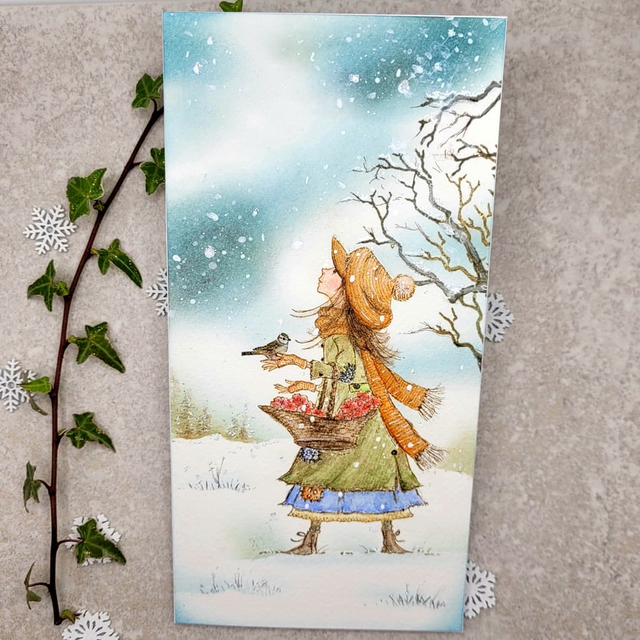 Christmas Card - girl and bird, vintage inspired, snow, blank, birthday, thanks
