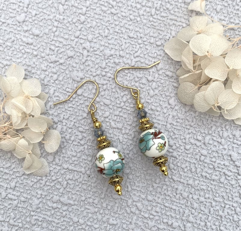 Chinese Style Porcelain Bead Drop Earrings