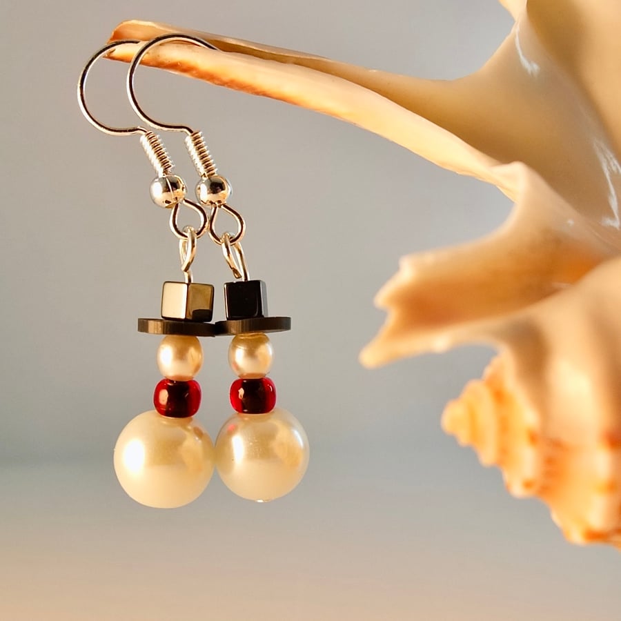 Snowman Christmas Earrings - Pearl And Silver - Handmade In Devon - Free UK P&P