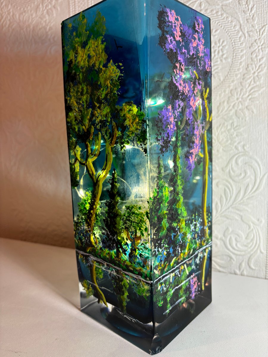 A hand painted and fired rectangular glass vase by Andrew Jenkins 