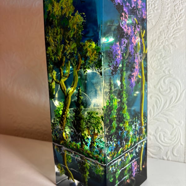 A hand painted and fired rectangular glass vase by Andrew Jenkins 