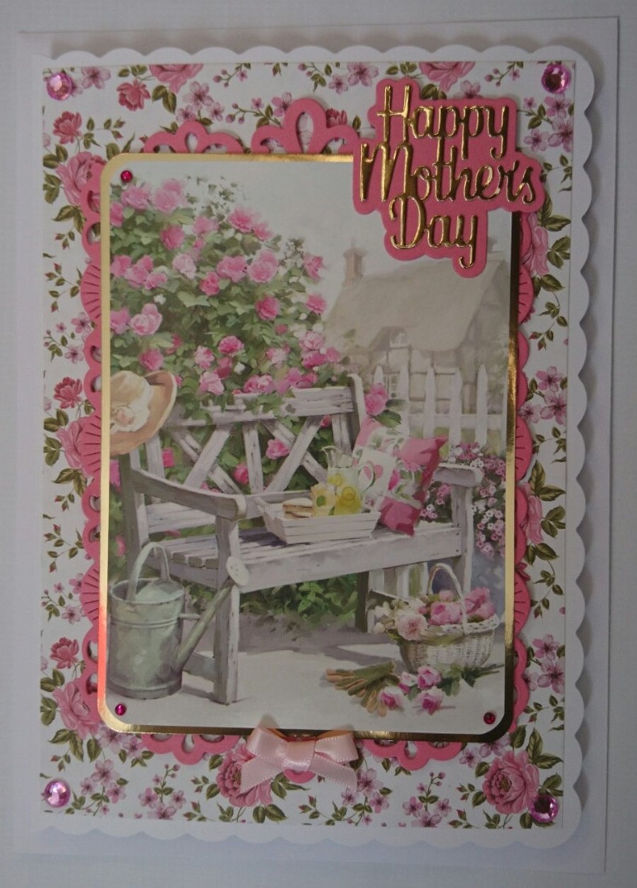 Happy Mother's Day Card Cottage Garden with Bench 3D Luxury Handmade Card