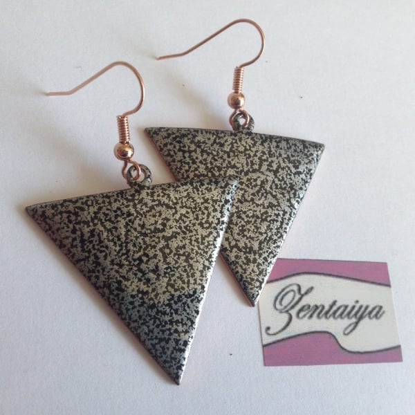 Black and Silver Textured Reverse Triangle Earrings 