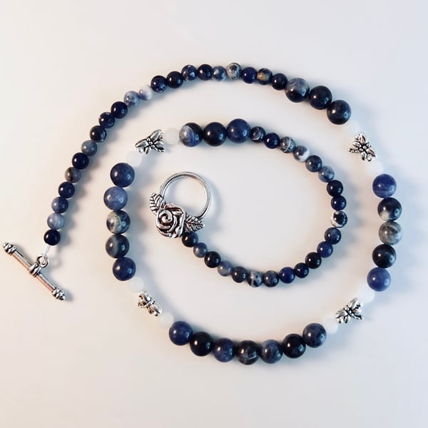Blue Sodalite Necklace With Silver Dragonflies - Handmade In Devon