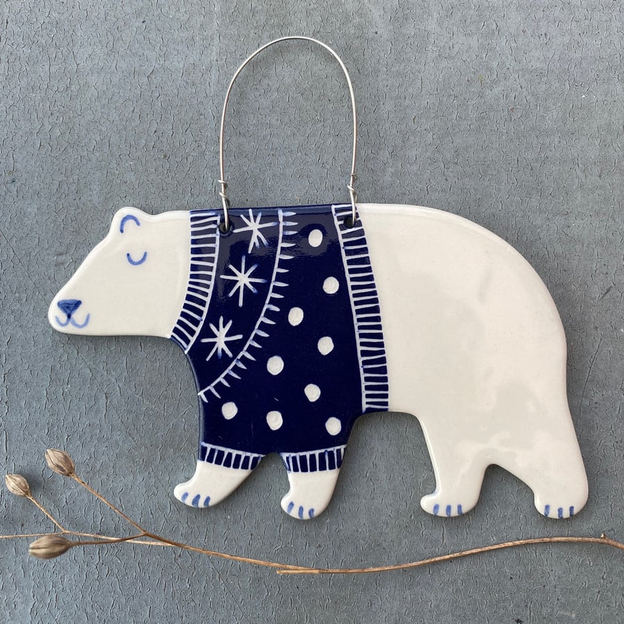 Ceramic Polar Bear with dark blue jumper  Decoration