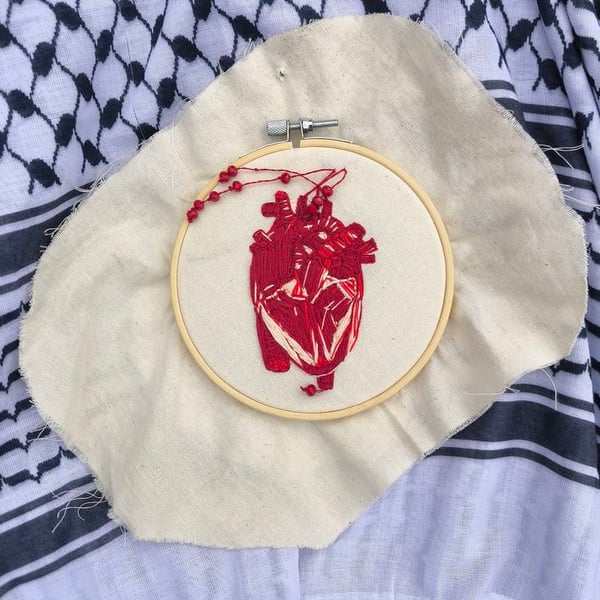Bleeding heart - structurally accurate hand embroidery with hanging beads 