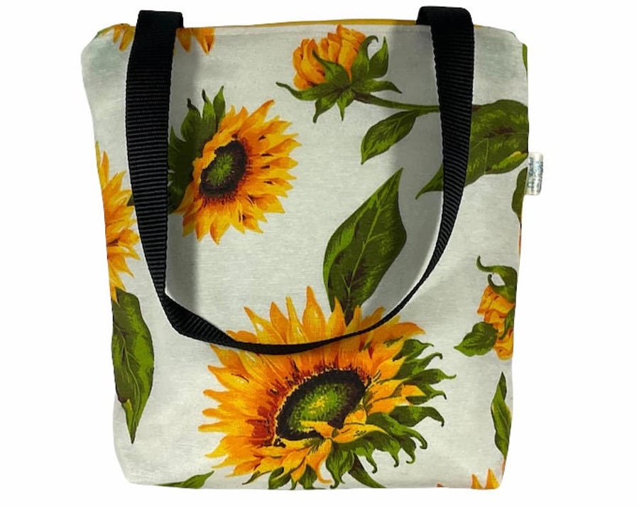 Floral print canvas tote bag with zip closure, sunflowers small cotton book purs