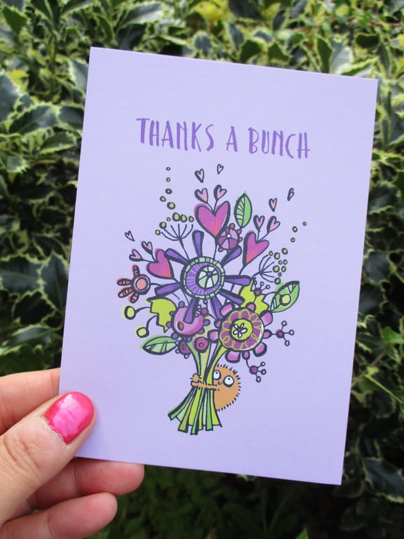 A6 “Thanks a Bunch” Thank You Postcard with cute monster and flowers